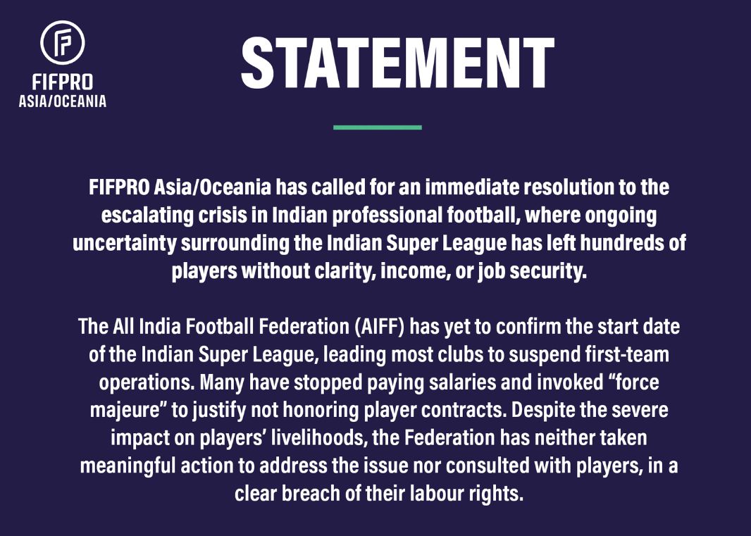 FIFPRO issues statement urging FIFA to intervene to resolve Indian football crisis