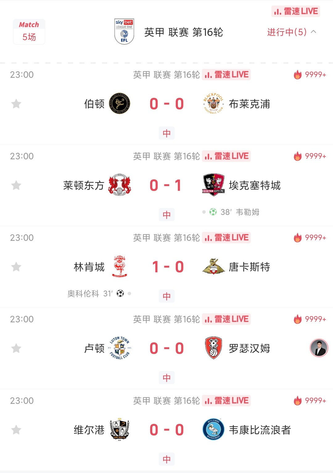 👀Five English League One games were played at the same time, three of which ended in 0-0 at half time, and the ten teams scored only 2 goals in total.